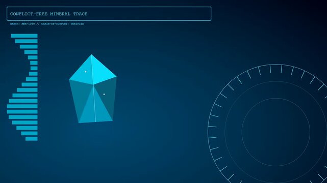 Digital displays showing ethicalsourcing mineral data with rotating geometric crystal models and pulsating vertical bar charts in a professional minimalist dark blue interface environment