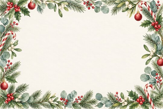 Elegant eucalyptus and evergreen Christmas border with red ornaments on soft ivory holiday background
