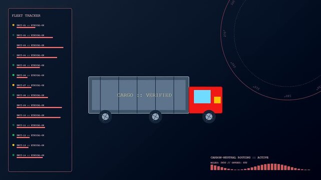 Ethical sourcing tracking system displayed on a digital interface showing animated heavy cargo trucks with verified status updates across three distinct monitoring screen panels in motion