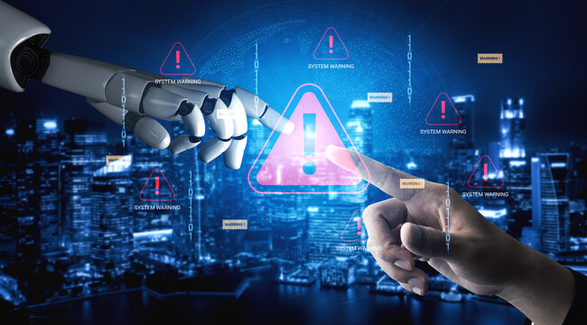 Human and Robot Hands Interacting with Digital Warning Symbols in a Futuristic Cityscape Environment Rich in Technology and Innovation. Glyphic.