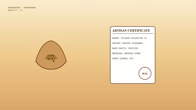 Documenting ethicalsourcing practices this digital artisan certificate displays verified wage parity and labor logs for natural fiber production shown in a clean modular minimalist layout
