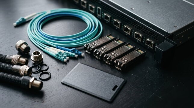 Fiber patch cords, SFP transceivers, server modules, colocation card, and cooling fittings on black surface