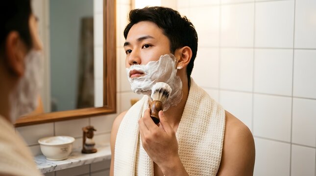 Asian man applying white shaving foam with badger brush looking into bathroom mirror