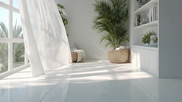 Sunlit minimalist interior with white marble floor and plants