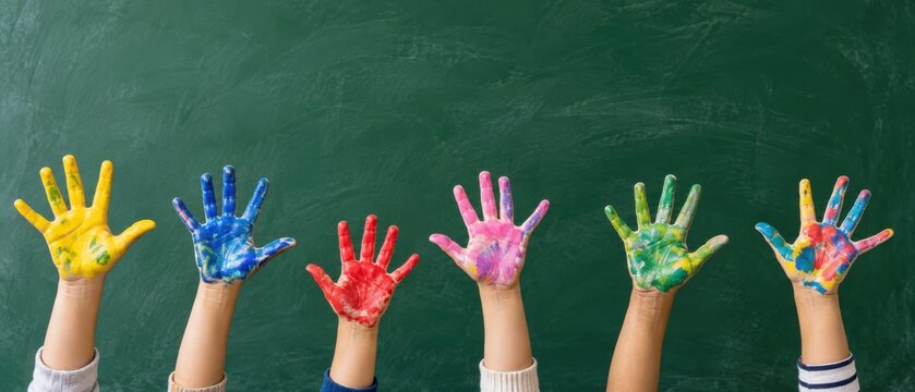 Six raised children's hands covered in bright yellow, blue, red, pink, green and multicolor finger paint against a green classroom chalkboard with visible chalk marks and copy space above