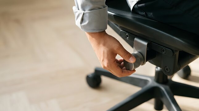 Hand turning tilt tension knob under black ergonomic office chair