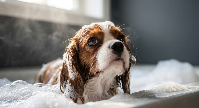 Cute Cavalier King Charles Spaniel taking a soapy bath with bubbles and steam in a domestic tub, focusing on pet grooming and hygiene.