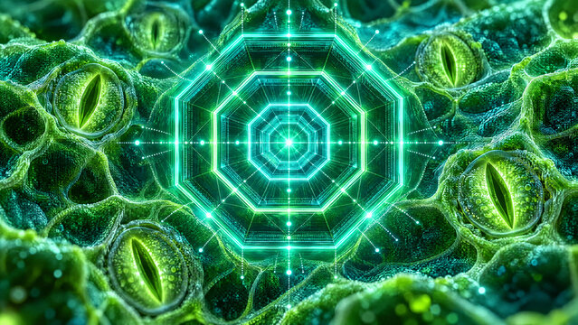 Glowing Turquoise Octagonal Sacred Geometry Portal Floating Above Microscopic Plant Stomata Leaves
