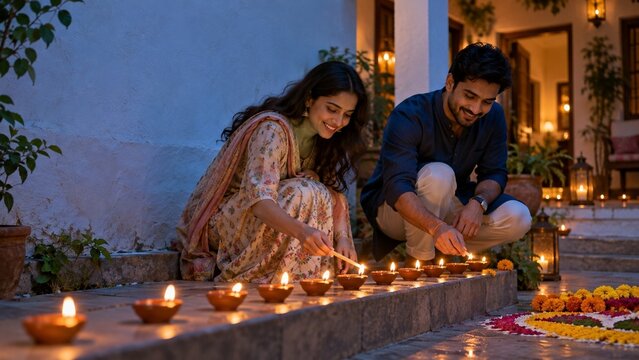 A woman in a patterned dress and a man in a blue shirt crouch on stone steps, lighting small clay oil lamps arranged in a row outdoors at night