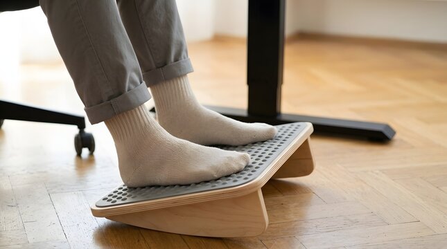 Person resting feet on ergonomic rocking wooden footrest under office desk