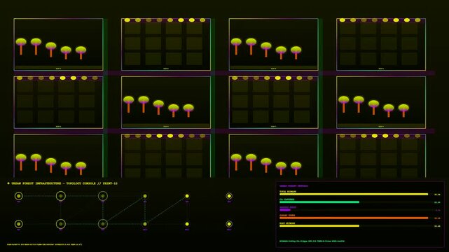 Digital biophilic architecture data visualization interface displays glowing yellow spherical nodes and linear patterns arranged in symmetrical grids across a dark panel for virtual system monitoring
