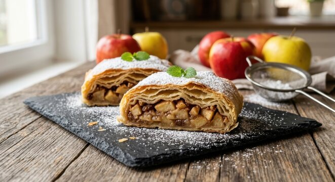 Freshly baked apple strudel slices on black slate board with powdered sugar, mint leaves, and rustic wooden background.