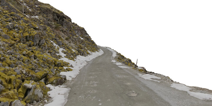 Mountain Road Along Mossy Rocky Cliff With Snow Patches &mdash; Narrow Pathway Cutout 3D Rendering