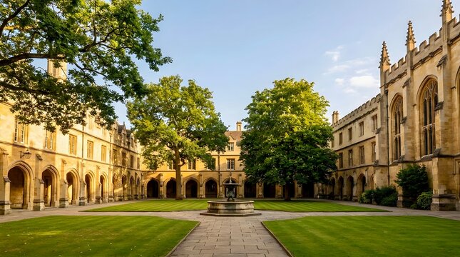 Historic university campus courtyard or classic college quad with stone archways, fountain, green lawns, and majestic architecture