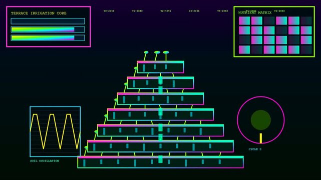 Digital biophilic architecture visualization displays showing vertical pyramid plant growth monitoring metrics with neon graphs and oscillating wave patterns in a dark laboratory computing environment
