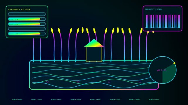 Biophilic architecture displayed through a glowing digital interface showing water purification cycles and ecological data metrics with pulsing neon light patterns against a dark obsidian background