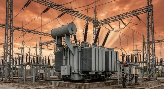 Industrial high voltage power transformer at electrical substation against sunset sky, representing energy distribution infrastructure and electricity supply network.