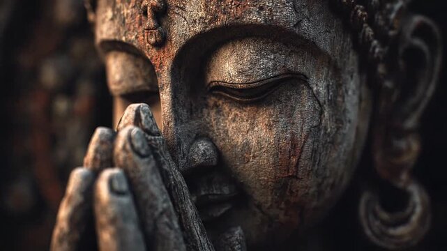 Weathered stone Buddha statue with hands in prayer gesture
