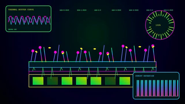 A detailed biophilic architecture interface display showing environmental metrics and data visualizations with floating nodes over a dark digital surface in a professional monitoring system