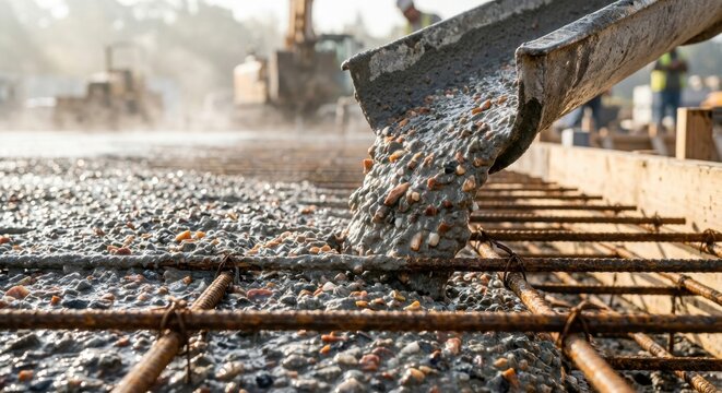 Pouring wet concrete from chute onto steel rebar mesh at a sunny construction site foundation. Heavy industrial process for infrastructure development with blurred machinery.