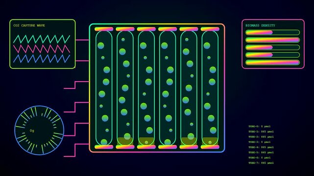 Biophilic architecture displayed through a glowing digital interface showing vertical bioreactor tubes with fluctuating biomass density levels and carbon capture data flow in a dark room