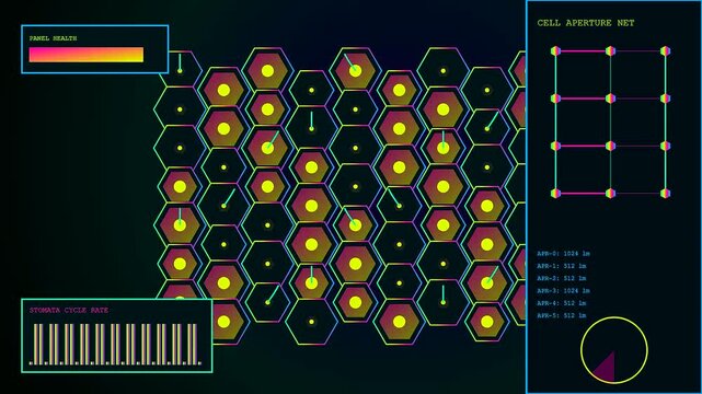 a biophilic architecture concept display shows hexagonal pattern modules shifting from dormant state to active biological monitoring interface with glowing nodes on a dark digital monitor