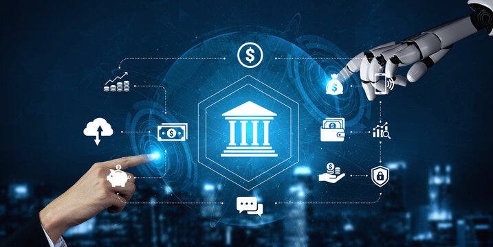An intriguing image showcasing a human hand and a robotic hand engaging with a digital banking interface, representing the evolution of finance and technology in future services. Nascent