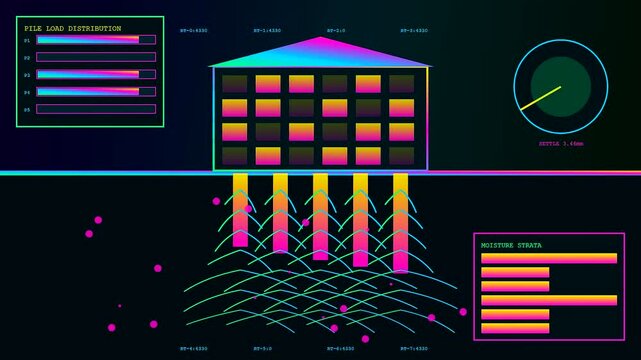 Animated data visualization of biophilic architecture foundation structural analysis showing pile load distribution moisture strata and settlement gauges on a dark digital interface screen