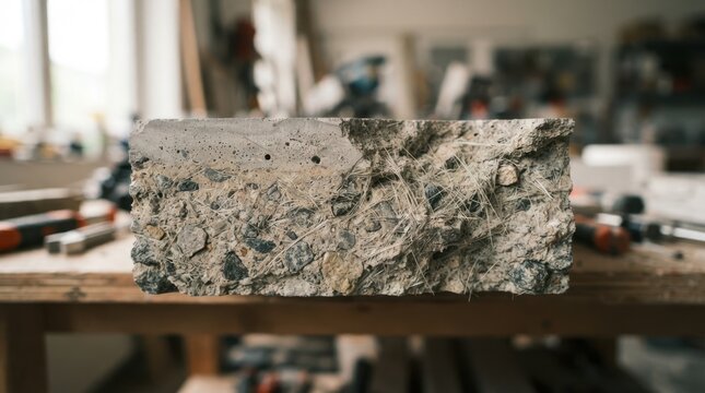 Cutaway concrete slab showing aggregate, binder matrix, and reinforcing fibers inside a cured construction material.