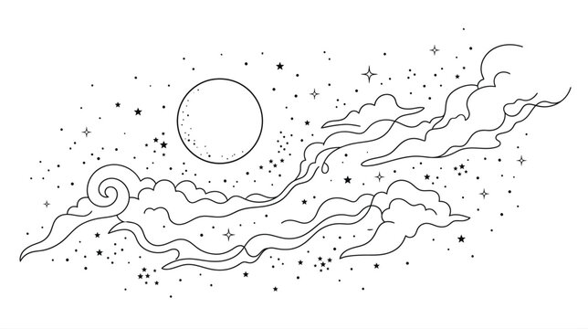 Minimal line art of a cloudy sky with sun and stars over horizon.