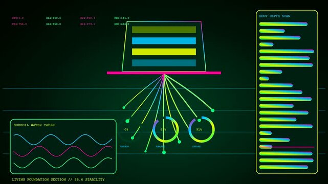 Digital biophilic architecture diagrams displaying structural integrity metrics with glowing lines and fluid wave graphs projected against a dark atmospheric environment in a complex virtual interface