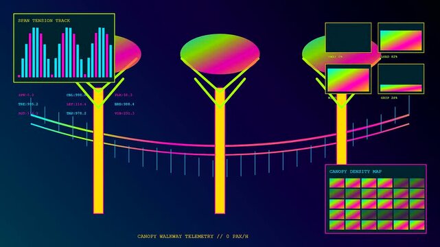 Digital displays showcasing biophilic architecture monitor structural integrity and canopy walkway load flow with vibrant gradient data charts on a deep dark navy blue graphical interface