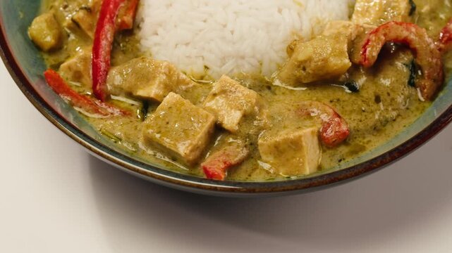 Green curry tofu soup cooking. Thai green curry soup in a white bowl on a white plate with dark background. Flat lay, overhead
