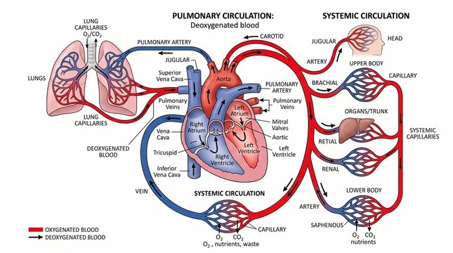 Anatomical illustration of human pulmonary and systemic circulation for medical education