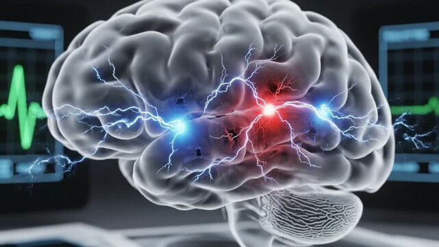 Human Brain with Electrical Impulses and Medical Monitor Display Neural Activity Concept
