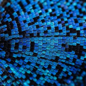 Extreme close-up macro of blue morpho butterfly wing scales with iridescent pattern