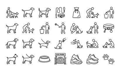 Obraz premium Dog Walking Pet Care Icon Set Hand Drawn Line Art Leash Poop Bag Bowl Vector Illustration Collection