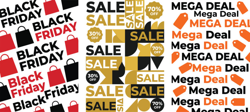 Black friday and mega deal sale posters with shopping bags