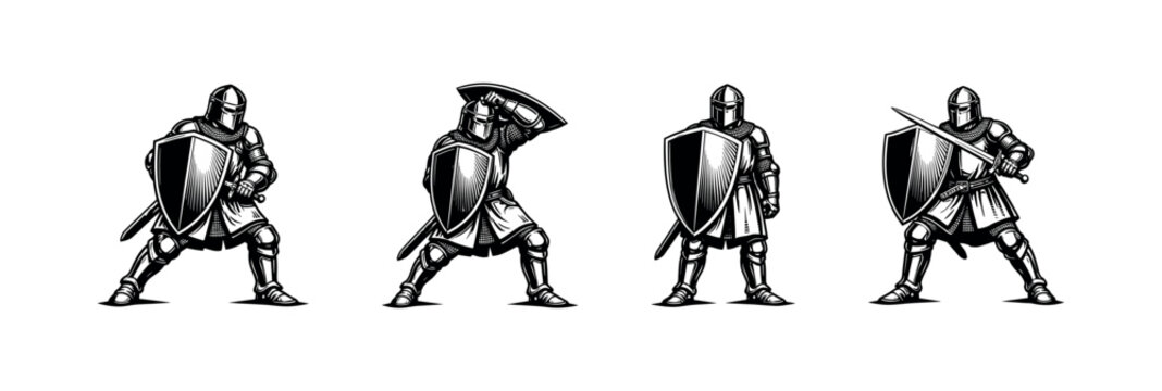 Medieval knights illustration set, armored warriors in vector style, black and white silhouette