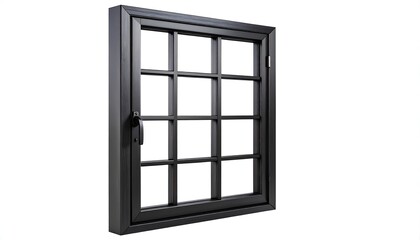 Obraz premium Modern black metal framed window with glass grid panes isolated on white background