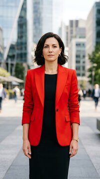 Confident Woman Red Blazer City Background Bold Professional Business
