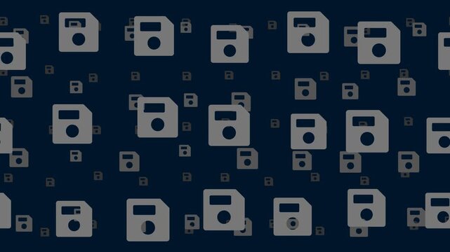 Floppy disk symbols float horizontally from left to right. Parallax fly effect. Floating symbols are located randomly. Seamless looped 4k animation on dark blue background