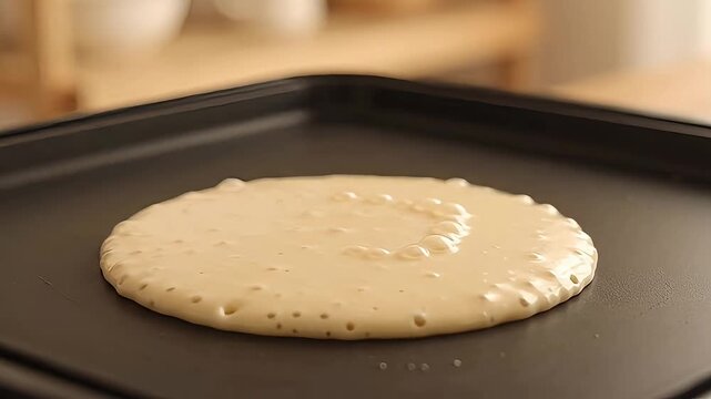 Pouring pancake batter onto a hot electric griddle breakfast cooking