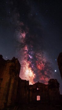 Ruins of an old Armenian church against the backdrop of the Milky Way and galaxy in the starry night sky.
