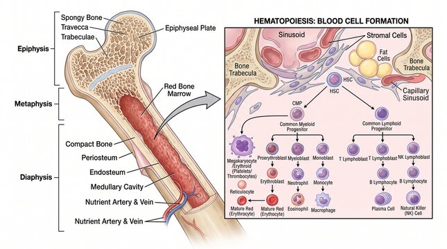 Human femur cross-section diagram illustrating bone anatomy and hematopoiesis process in medical education