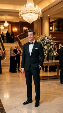 Man Black Tuxedo Hotel Lobby Evening Formal Gala Professional Elegant