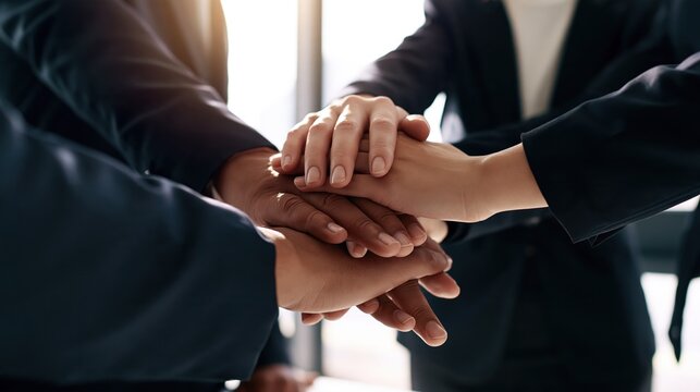 Diverse Business Team Joining Hands in Huddle, Symbolizing Teamwork, Unity and Partnership