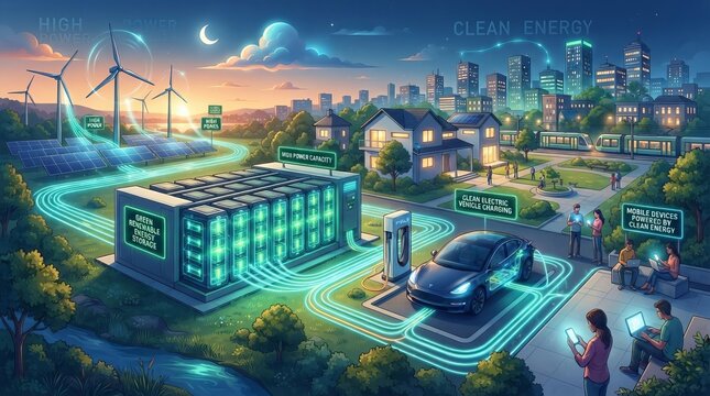 Conceptual illustration of a smart city powered by green renewable energy and storage technologies.