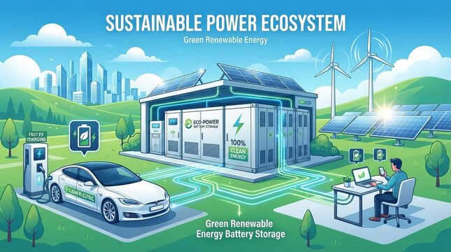 Sustainable Power Ecosystem With Green Renewable Energy Storage Solutions And Electric Car Charging