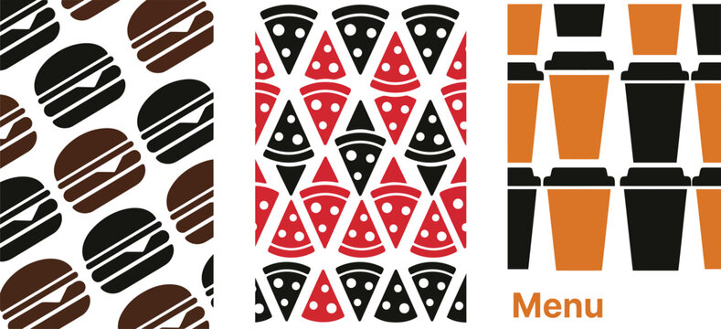 Fast food menu set with burger pizza and coffee patterns